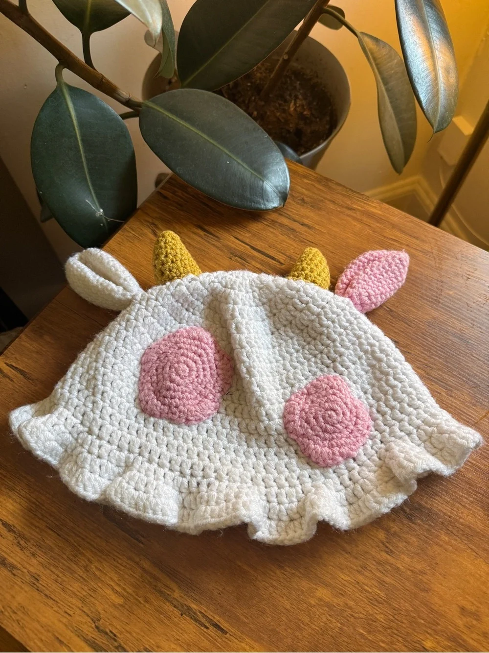 Handmade Crochet Unicorn Hat - Cream with Pink and Mustard Accents